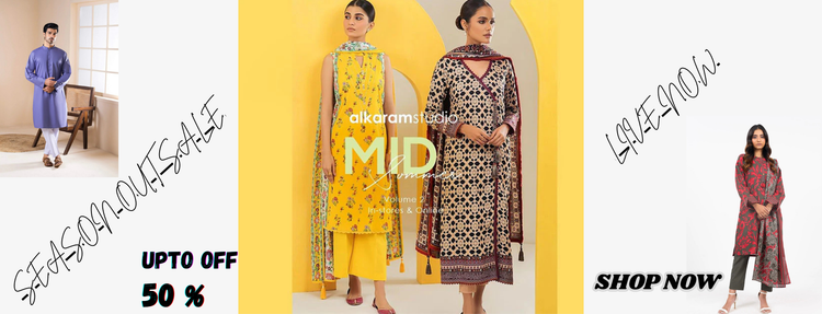 Promotional banner for a fashion sale with models wearing traditional outfits on a yellow background.